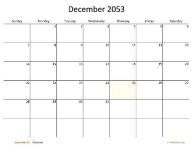 December 2053 Calendar with Bigger boxes