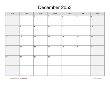 December 2053 Calendar with Weekend Shaded
