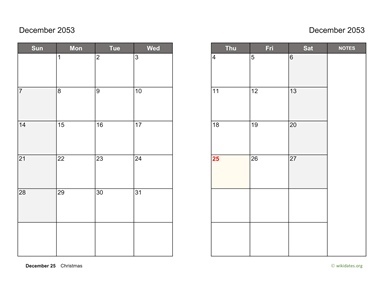 December 2053 Calendar on two pages