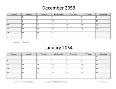 December 2053 and January 2054 Calendar Horizontal