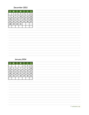 December 2053 and January 2054 Calendar with Notes