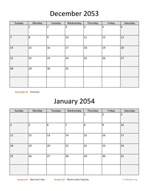 December 2053 and January 2054 Calendar Vertical