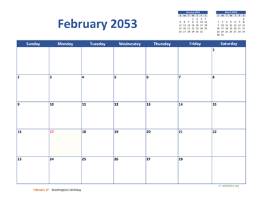 February 2053 Calendar Classic