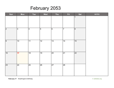 February 2053 Calendar with Notes