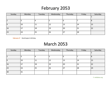 February and March 2053 Calendar Horizontal