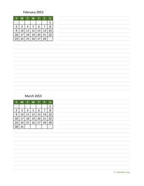 February and March 2053 Calendar with Notes