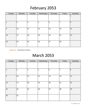 February and March 2053 Calendar Vertical