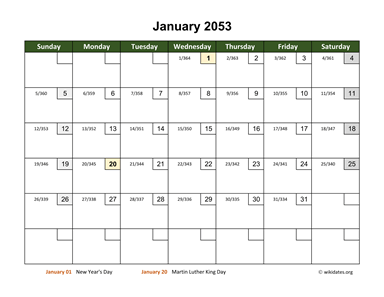 January 2053 Calendar With Day Numbers 