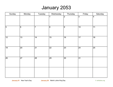 Basic Calendar for January 2053