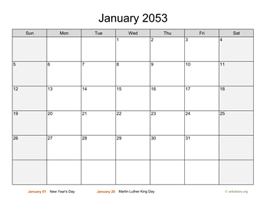 January 2053 Calendar with Weekend Shaded