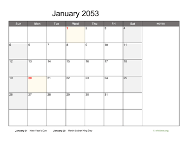 January 2053 Calendar with Notes