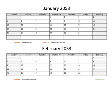 January and February 2053 Calendar Horizontal
