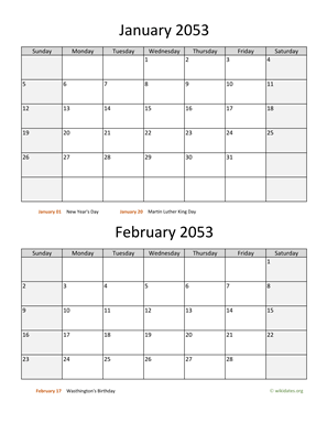 January and February 2053 Calendar Vertical