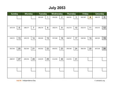 July 2053 Calendar with Day Numbers