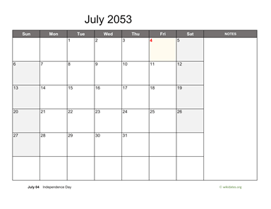 July 2053 Calendar with Notes