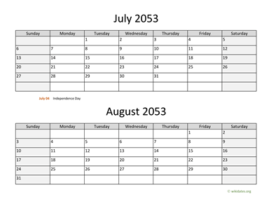 July and August 2053 Calendar Horizontal