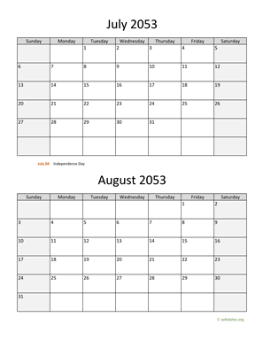 July and August 2053 Calendar Vertical