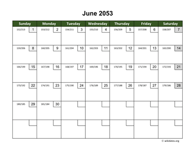 June 2053 Calendar with Day Numbers