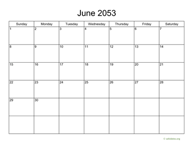 Basic Calendar for June 2053