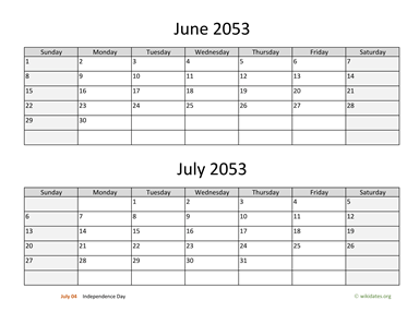 June and July 2053 Calendar Horizontal