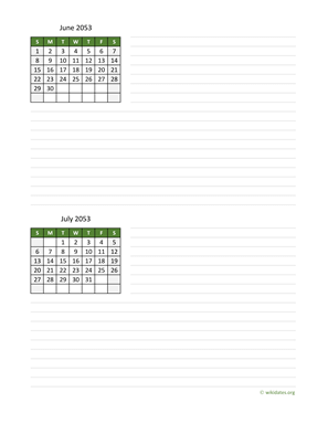 June and July 2053 Calendar with Notes