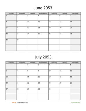 June and July 2053 Calendar Vertical