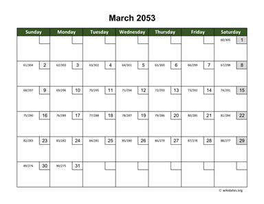 March 2053 Calendar with Day Numbers