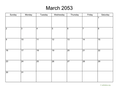Basic Calendar for March 2053