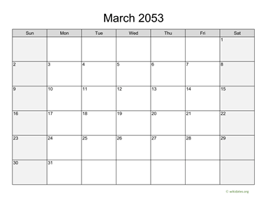 March 2053 Calendar with Weekend Shaded
