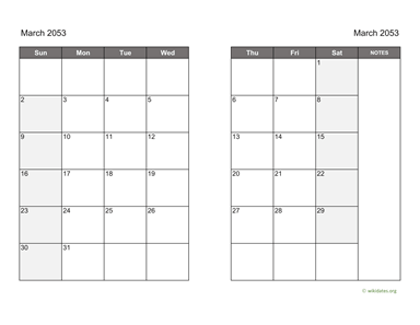 March 2053 Calendar on two pages