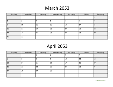 March and April 2053 Calendar Horizontal