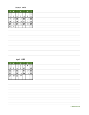 March and April 2053 Calendar with Notes