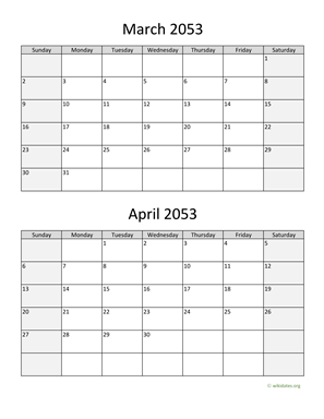 March and April 2053 Calendar Vertical