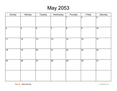 Basic Calendar for May 2053