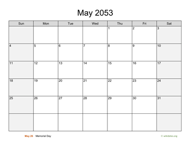 May 2053 Calendar with Weekend Shaded