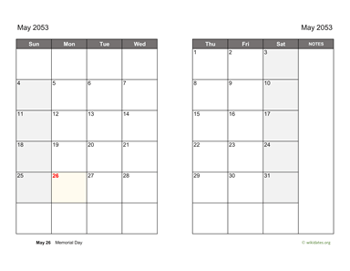 May 2053 Calendar on two pages