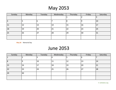 May and June 2053 Calendar Horizontal