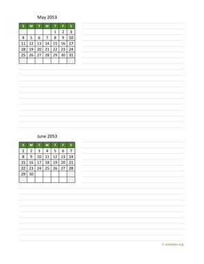 May and June 2053 Calendar with Notes