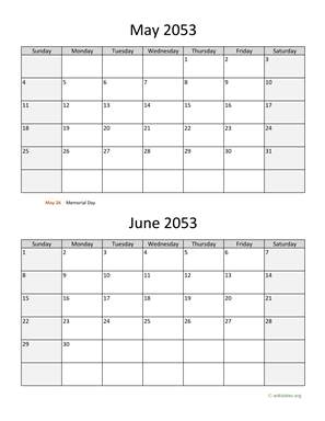 May and June 2053 Calendar Vertical