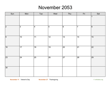 November 2053 Calendar with Weekend Shaded