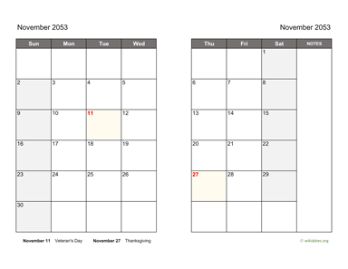 November 2053 Calendar on two pages