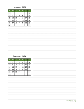 November and December 2053 Calendar with Notes