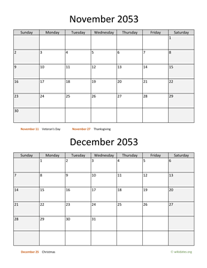 November and December 2053 Calendar Vertical
