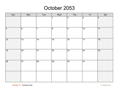 October 2053 Calendar with Weekend Shaded