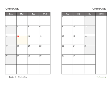 October 2053 Calendar on two pages