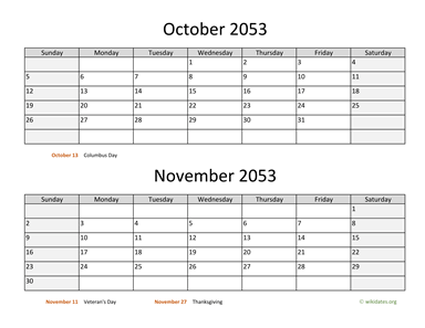 October and November 2053 Calendar Horizontal