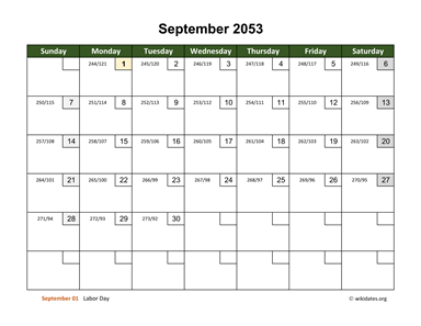 September 2053 Calendar with Day Numbers