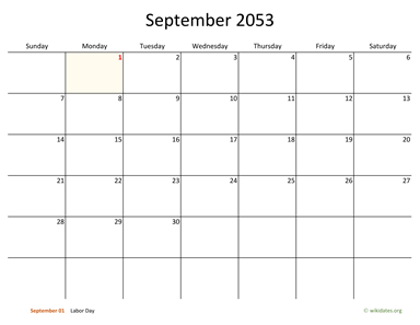 September 2053 Calendar with Bigger boxes