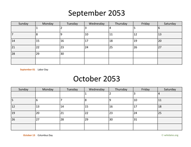 September and October 2053 Calendar Horizontal