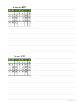 September and October 2053 Calendar with Notes